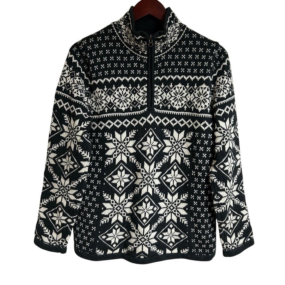 NEW LL Bean Womens Winter Dark Gray & Cream Fair Isle Sweater Jacket Zip Size M